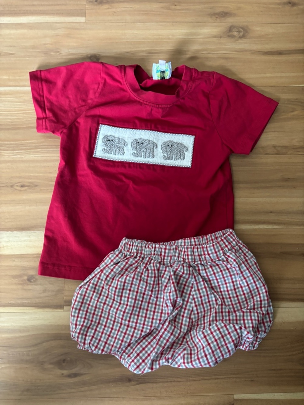 Sugar Kids Bright Red Short Sleeve Tee Smocked Elephants